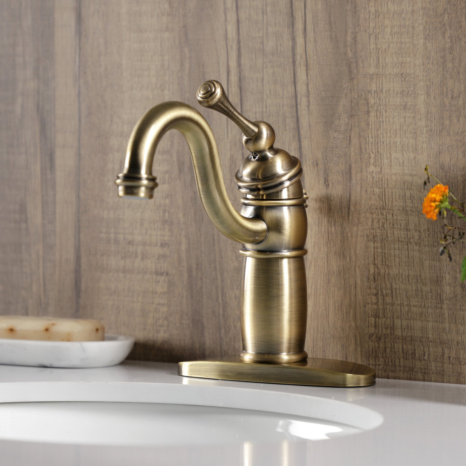 Kingston Heirloom KB1403BL - Victorian One-Handle 1-Hole Bathroom Faucet with Deck Plate and Pop-Up Drain, Antique Brass — thumbnail 3